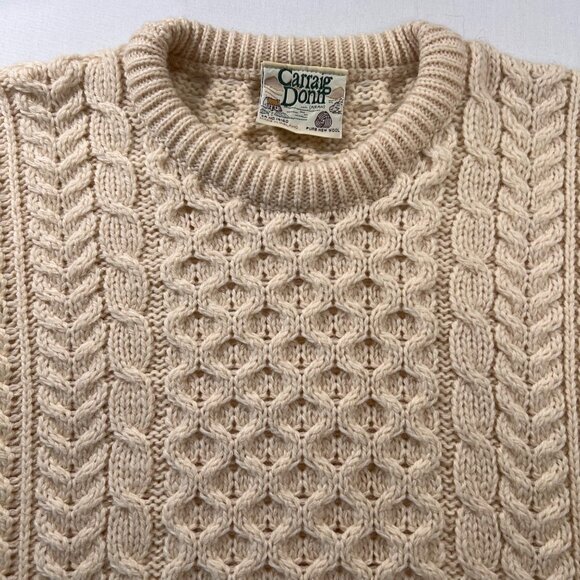 Carraig Donn Ireland Wool Fisherman Sweater Crew Neck Aran in Ivory Size Large - Picture 5 of 9